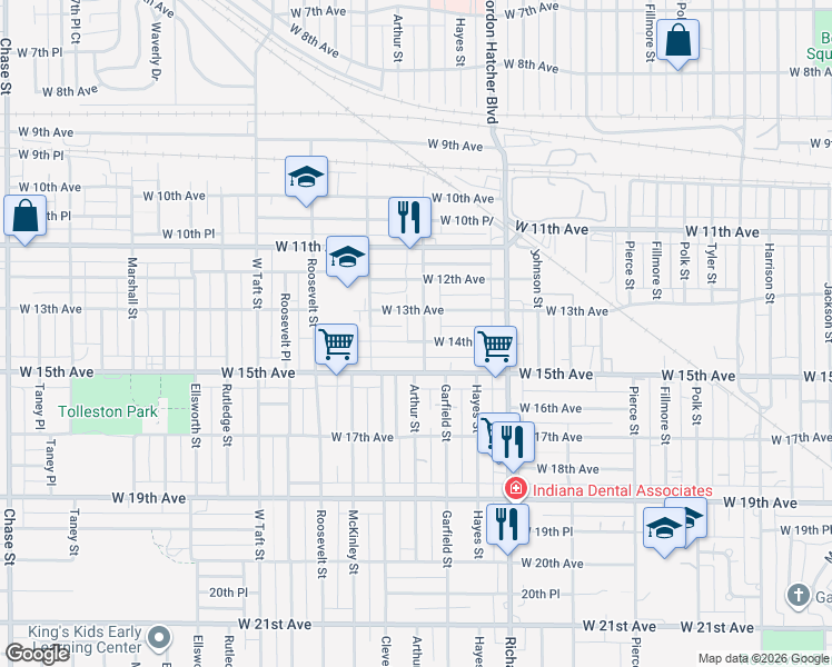 map of restaurants, bars, coffee shops, grocery stores, and more near 1332 Garfield Street in Gary