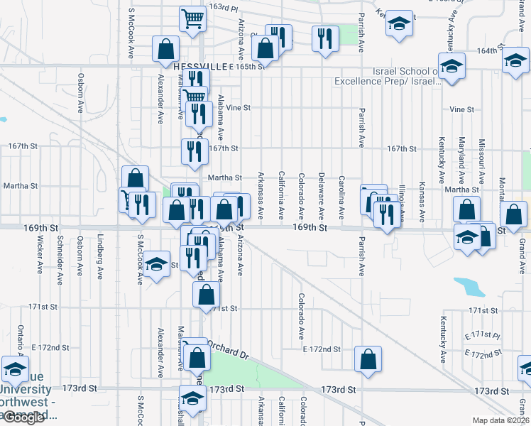map of restaurants, bars, coffee shops, grocery stores, and more near 6847 Arkansas Avenue in Hammond