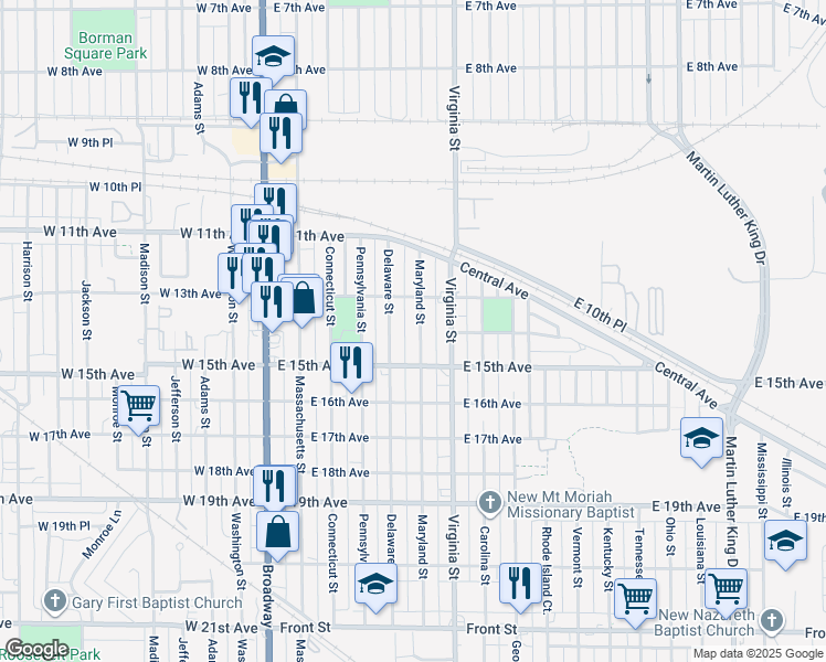 map of restaurants, bars, coffee shops, grocery stores, and more near 1400 Maryland Street in Gary