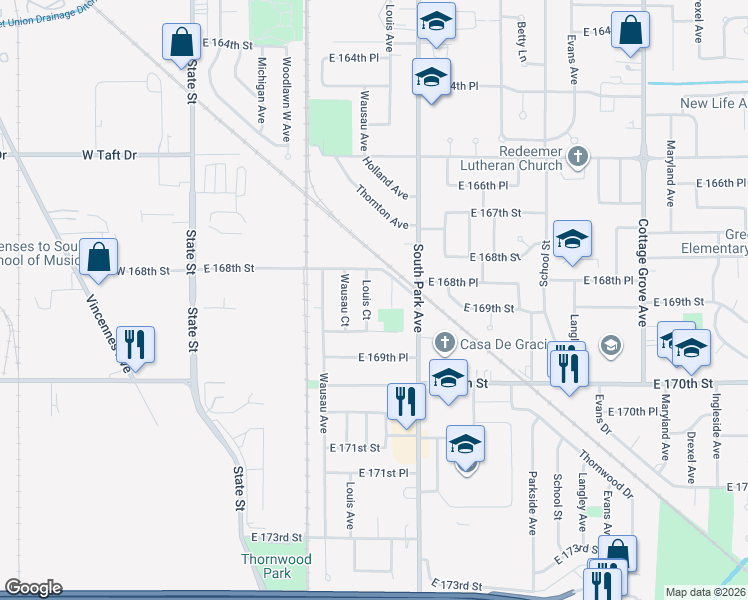 map of restaurants, bars, coffee shops, grocery stores, and more near 16821 Louis Court in South Holland
