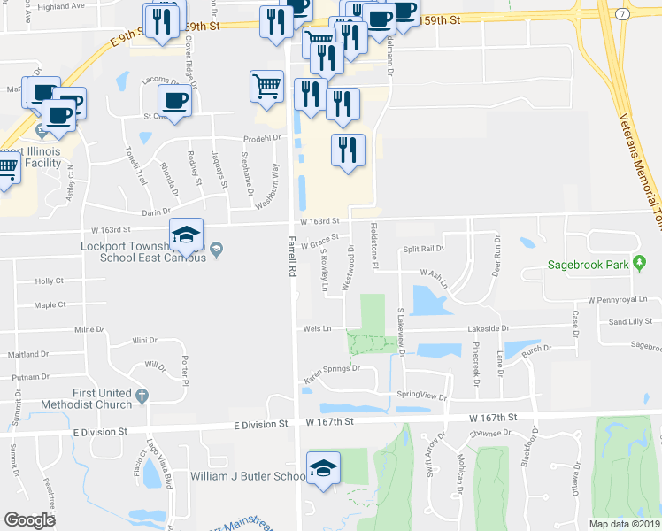 map of restaurants, bars, coffee shops, grocery stores, and more near 16359 South Rowley Lane in Lockport