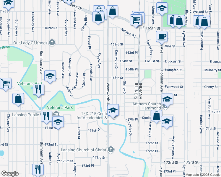 map of restaurants, bars, coffee shops, grocery stores, and more near 1531 Wentworth Avenue in Calumet City
