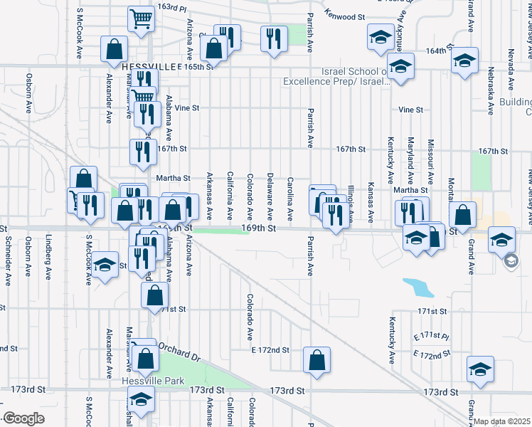 map of restaurants, bars, coffee shops, grocery stores, and more near 6846 Delaware Avenue in Hammond