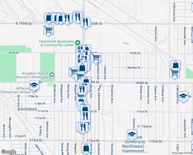 map of restaurants, bars, coffee shops, grocery stores, and more near 6838 Waveland Avenue in Hammond