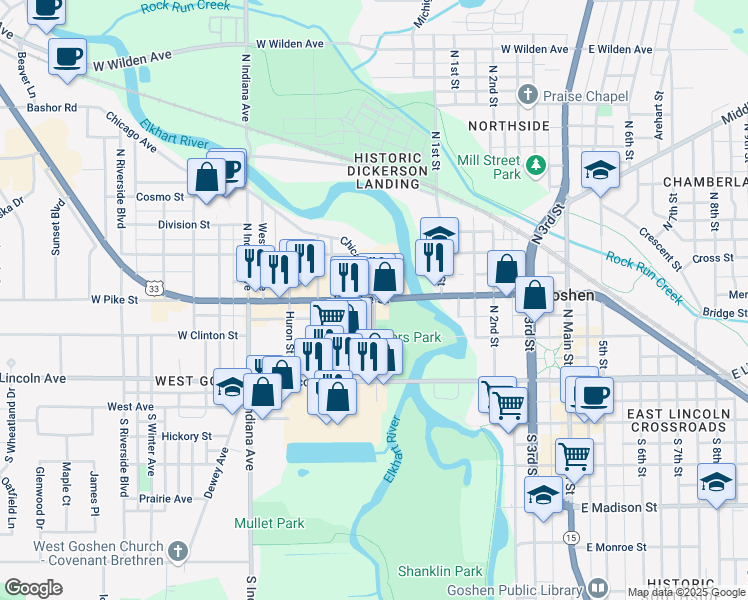 map of restaurants, bars, coffee shops, grocery stores, and more near 503 North Chicago Avenue in Goshen