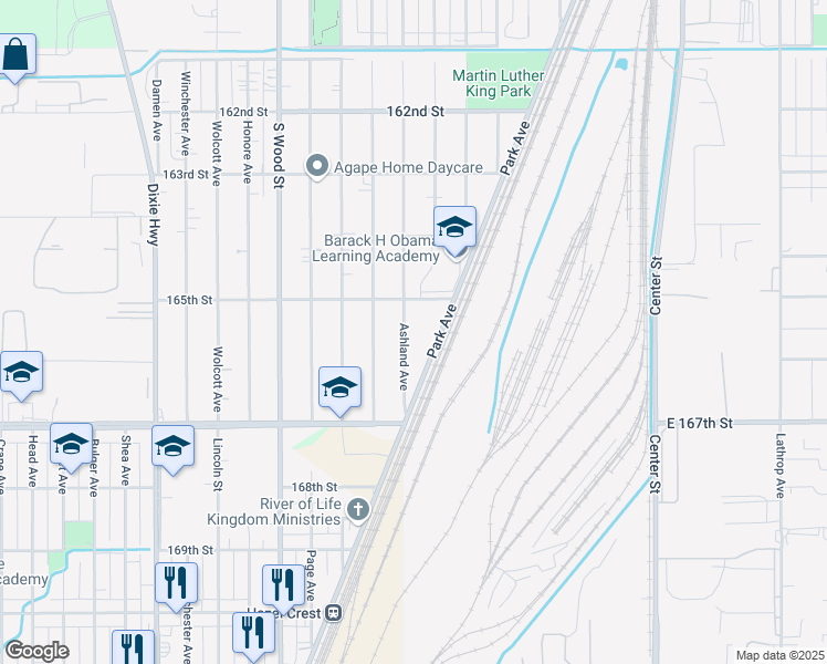 map of restaurants, bars, coffee shops, grocery stores, and more near 16535 Ashland Avenue in Markham