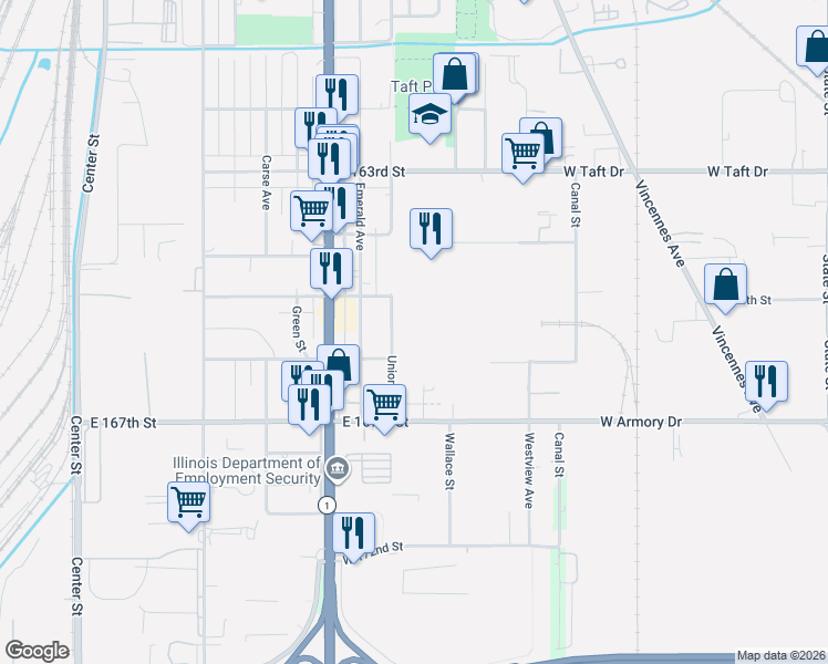 map of restaurants, bars, coffee shops, grocery stores, and more near 16522 Lowe Avenue in Harvey