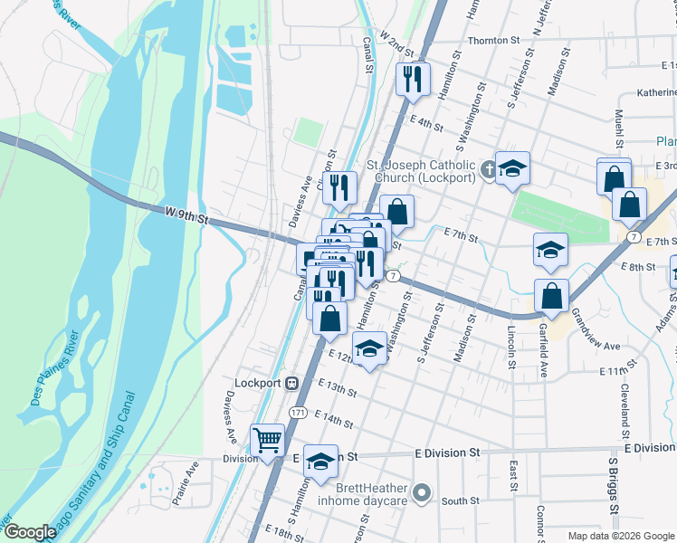map of restaurants, bars, coffee shops, grocery stores, and more near in Lockport