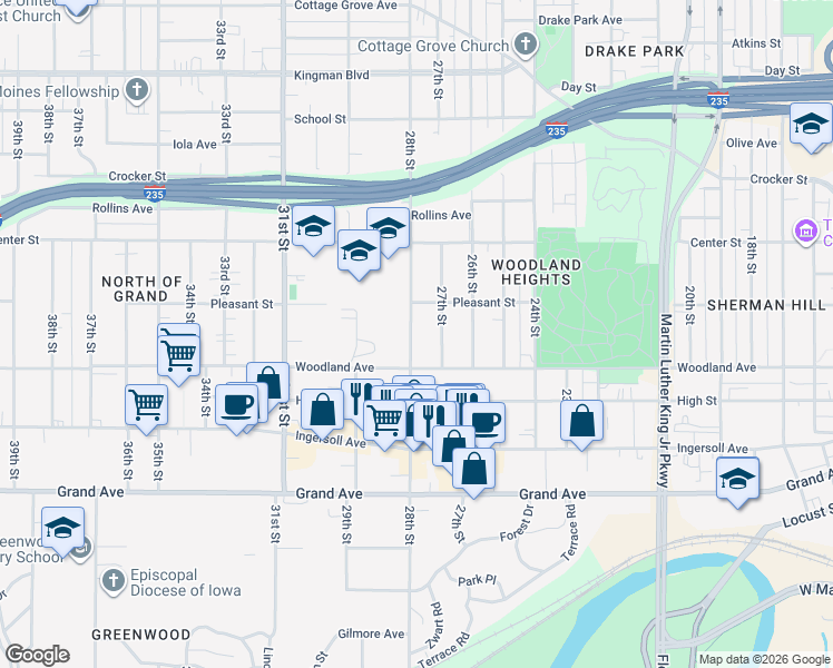 map of restaurants, bars, coffee shops, grocery stores, and more near 667 28th Street in Des Moines