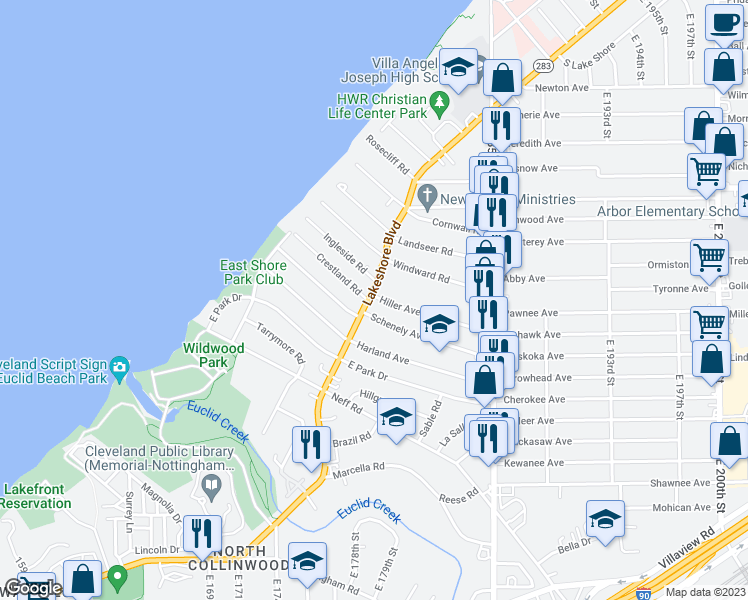 map of restaurants, bars, coffee shops, grocery stores, and more near 18000 Hiller Avenue in Cleveland