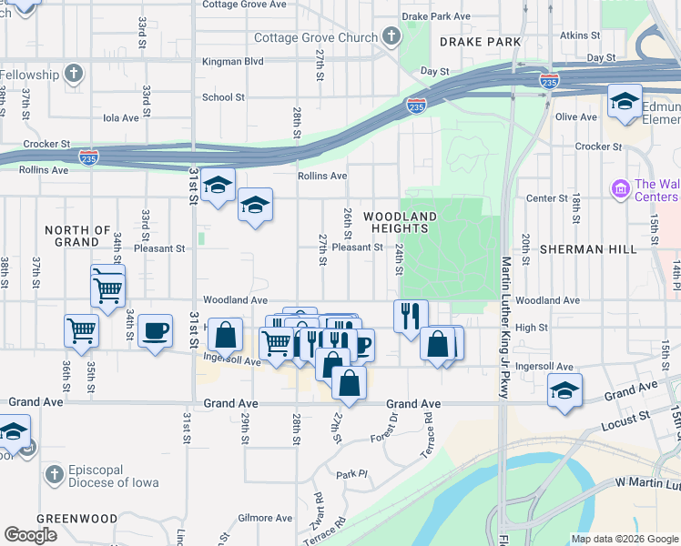 map of restaurants, bars, coffee shops, grocery stores, and more near 664 26th St in Des Moines