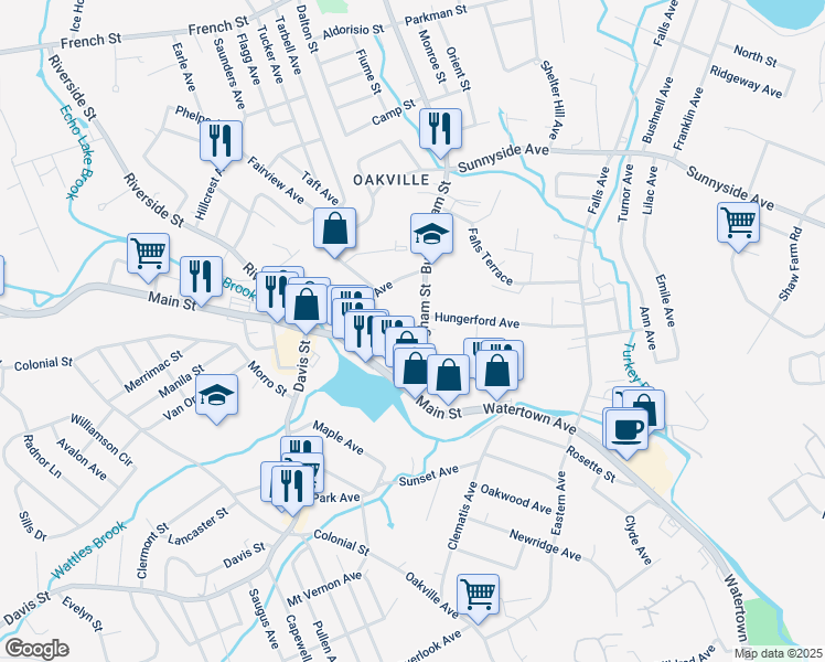 map of restaurants, bars, coffee shops, grocery stores, and more near 71 Buckingham St in Watertown