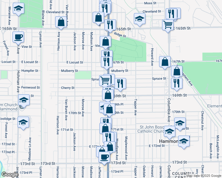 map of restaurants, bars, coffee shops, grocery stores, and more near 6831 Calumet Ave in Hammond