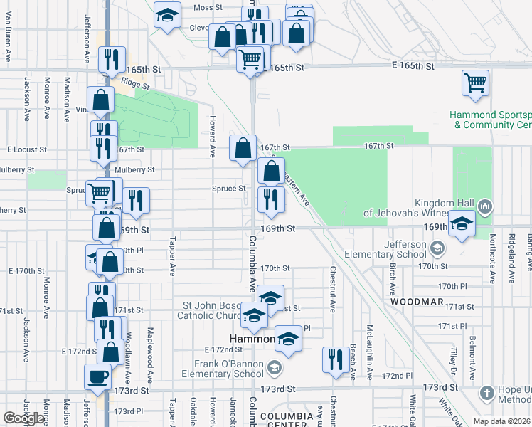 map of restaurants, bars, coffee shops, grocery stores, and more near 1216 Cherry Street in Hammond