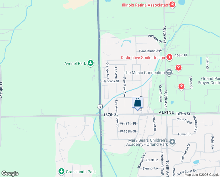 map of restaurants, bars, coffee shops, grocery stores, and more near 16521 Orange Avenue in Orland Park