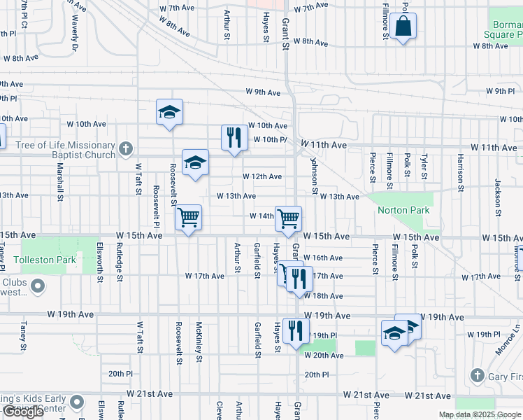 map of restaurants, bars, coffee shops, grocery stores, and more near 1684 West 14th Avenue in Gary