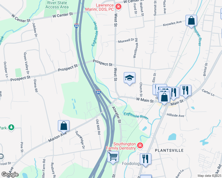 map of restaurants, bars, coffee shops, grocery stores, and more near 24 West Street in Southington