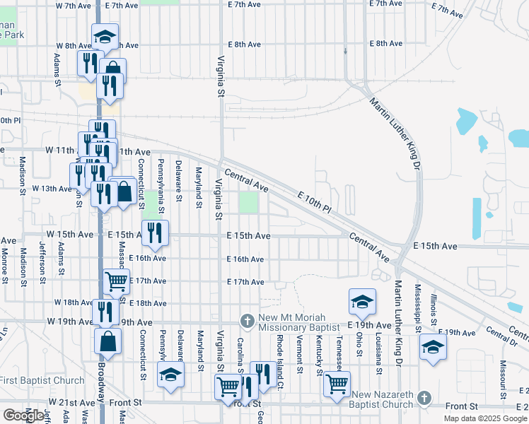 map of restaurants, bars, coffee shops, grocery stores, and more near 1341 Georgia Street in Gary