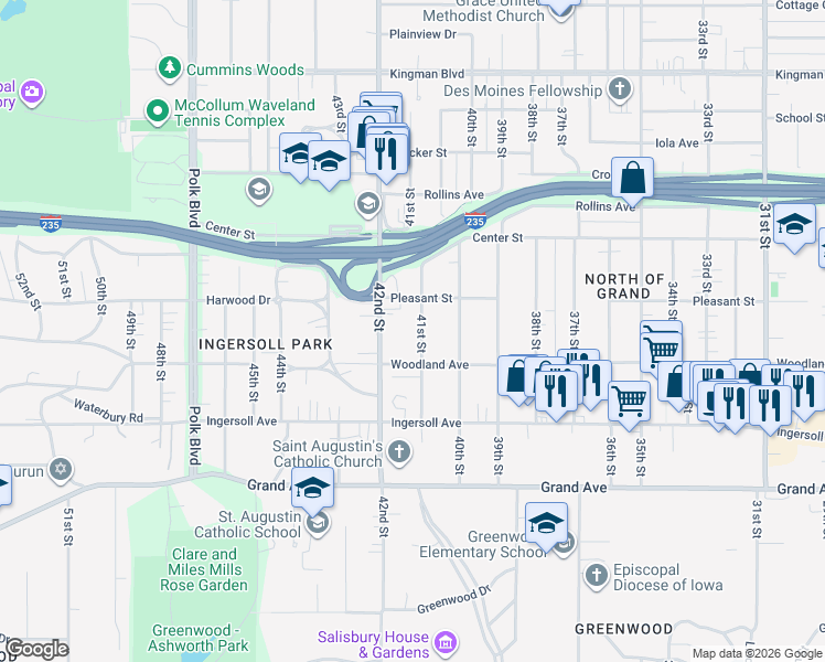 map of restaurants, bars, coffee shops, grocery stores, and more near 664 41st Street in Des Moines