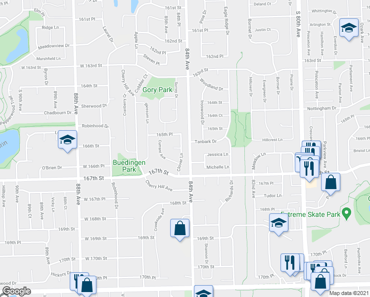 map of restaurants, bars, coffee shops, grocery stores, and more near 16567 Clover Ln in Tinley Park