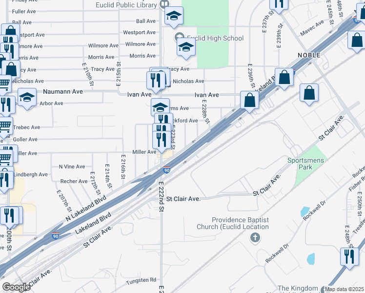 map of restaurants, bars, coffee shops, grocery stores, and more near 970 East 224th Street in Euclid