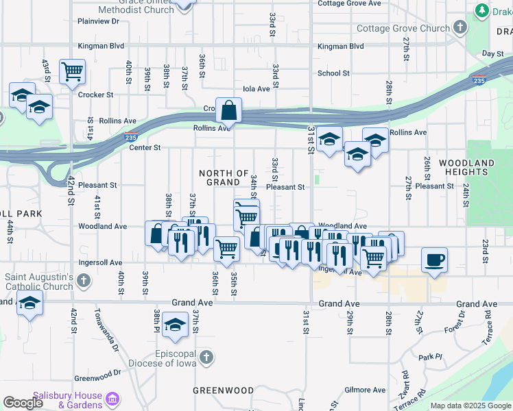 map of restaurants, bars, coffee shops, grocery stores, and more near 667 34th Street in Des Moines