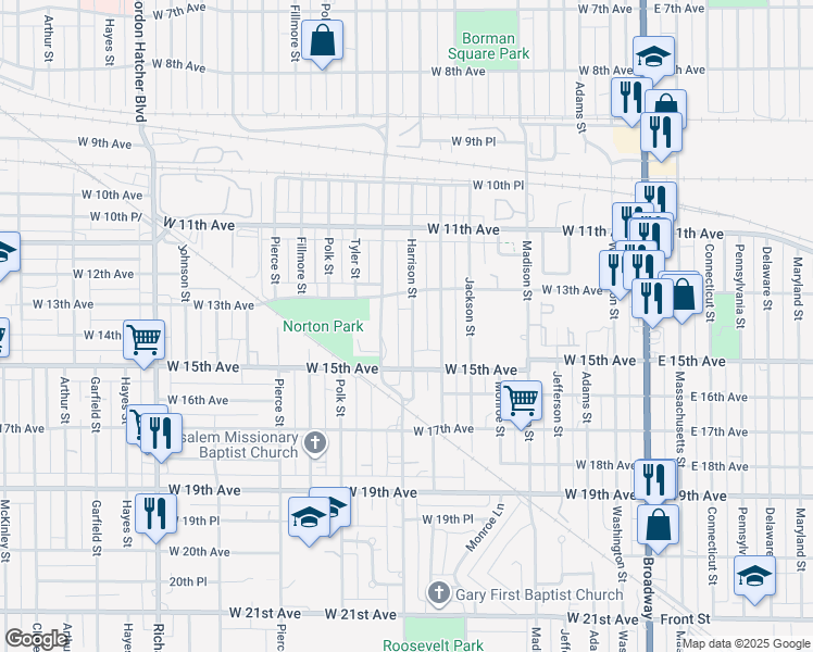 map of restaurants, bars, coffee shops, grocery stores, and more near 1340 Harrison Street in Gary