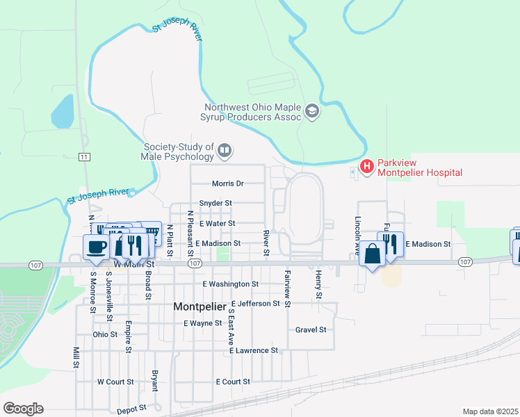 map of restaurants, bars, coffee shops, grocery stores, and more near 315 River Street in Montpelier