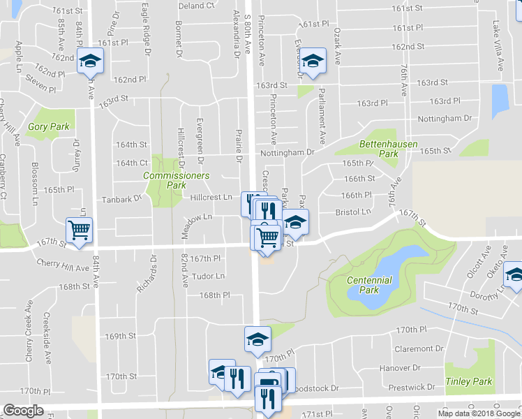 map of restaurants, bars, coffee shops, grocery stores, and more near 16622 Crescent Avenue in Tinley Park