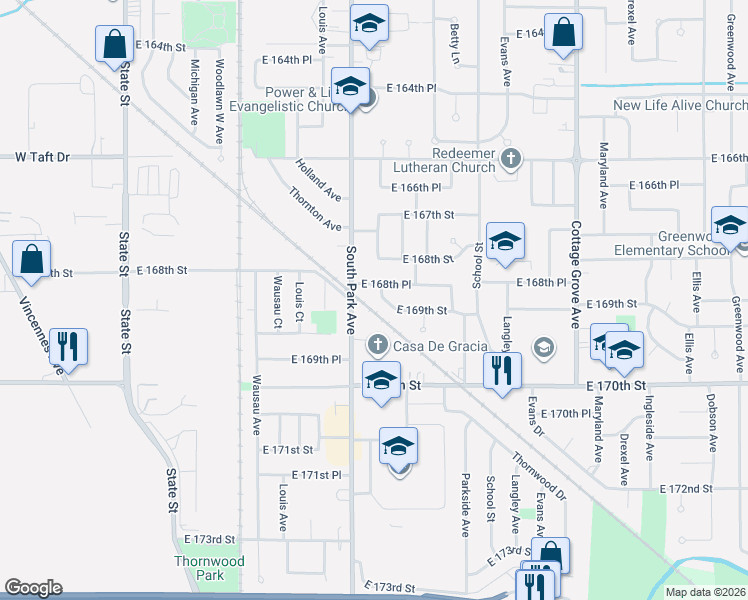 map of restaurants, bars, coffee shops, grocery stores, and more near 439 East 169th Street in South Holland
