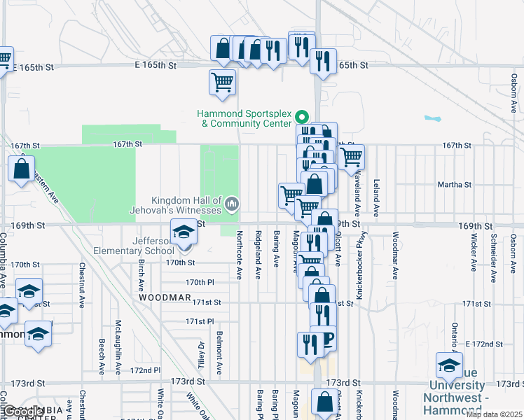 map of restaurants, bars, coffee shops, grocery stores, and more near 6843 Ridgeland Avenue in Hammond