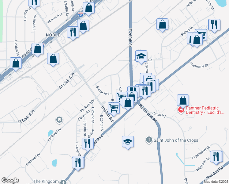 map of restaurants, bars, coffee shops, grocery stores, and more near 1515 East 256th Street in Euclid