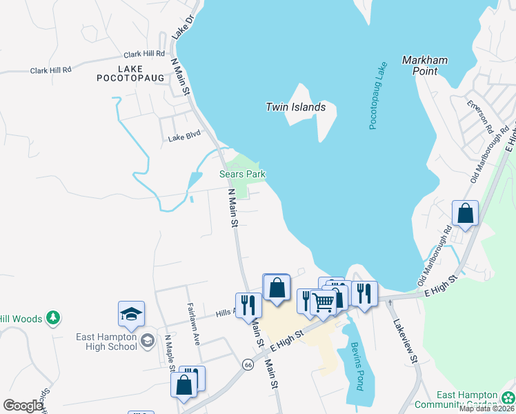 map of restaurants, bars, coffee shops, grocery stores, and more near 5 Sears Place in East Hampton