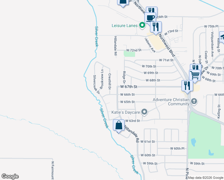 map of restaurants, bars, coffee shops, grocery stores, and more near 6615 Cresthill Drive in Davenport