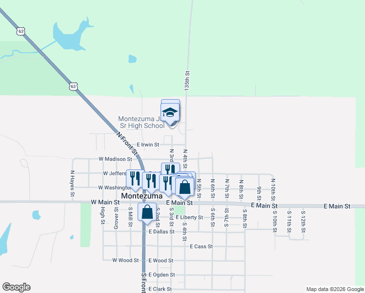 map of restaurants, bars, coffee shops, grocery stores, and more near 407 North 3rd Street in Montezuma