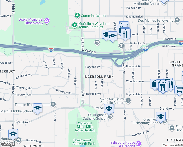 map of restaurants, bars, coffee shops, grocery stores, and more near 674 45th Street in Des Moines