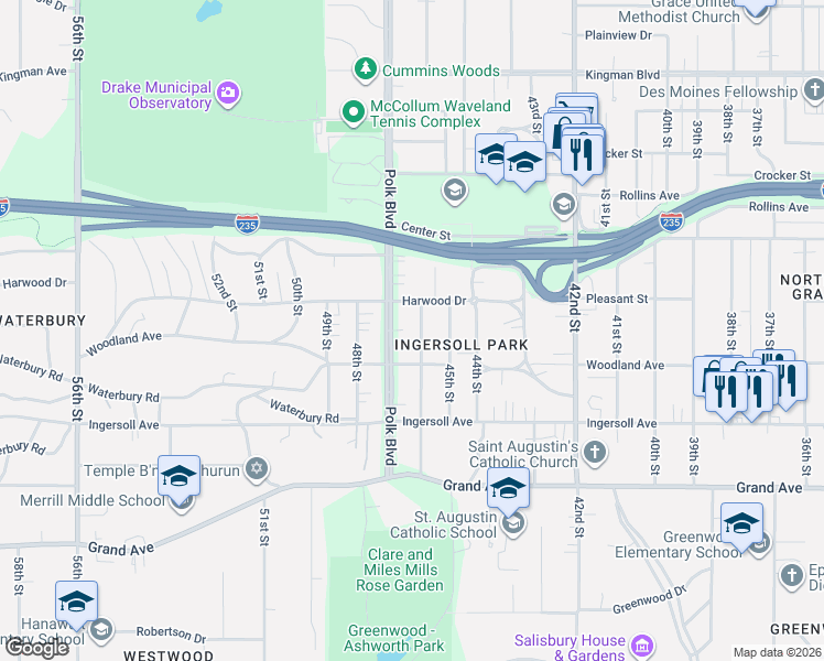 map of restaurants, bars, coffee shops, grocery stores, and more near 675 Polk Boulevard in Des Moines