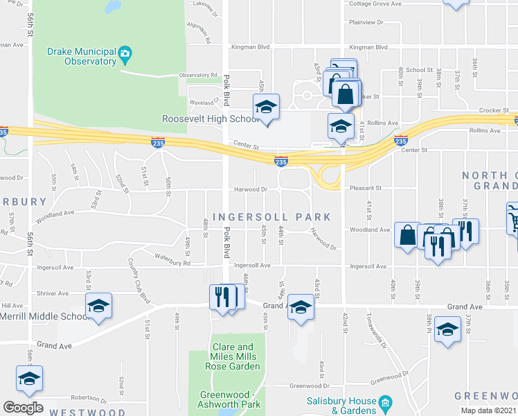 map of restaurants, bars, coffee shops, grocery stores, and more near 674 45th St in Des Moines