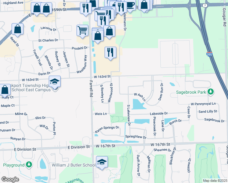 map of restaurants, bars, coffee shops, grocery stores, and more near 16355 Westwood Drive in Lockport