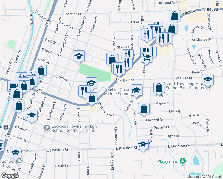 map of restaurants, bars, coffee shops, grocery stores, and more near 823 East 9th Street in Lockport