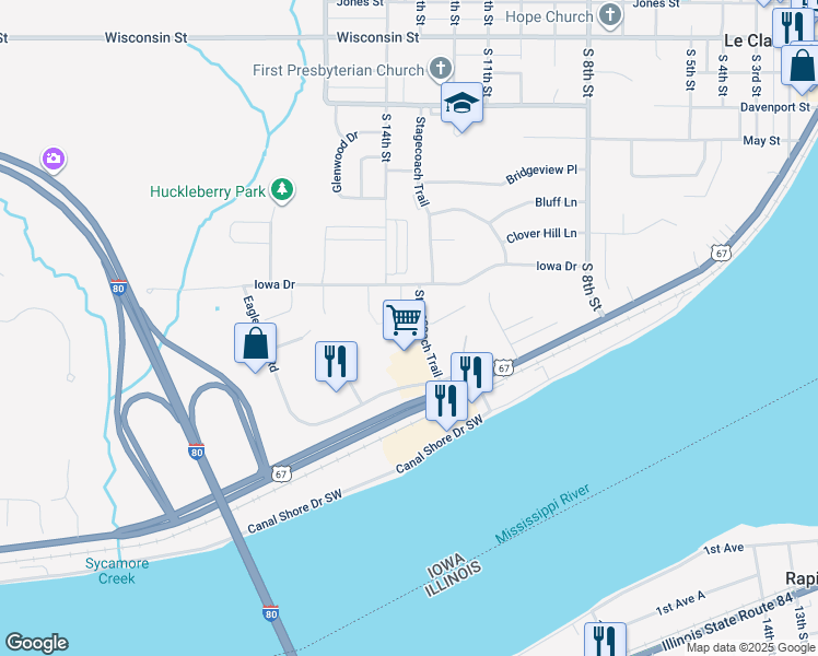map of restaurants, bars, coffee shops, grocery stores, and more near 809 Falcon Dr in Le Claire