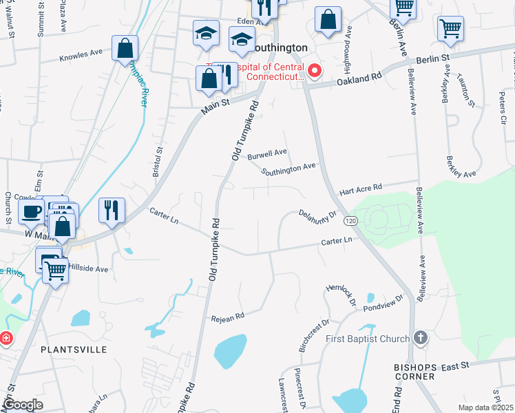 map of restaurants, bars, coffee shops, grocery stores, and more near 26 Coolidge Street in Southington