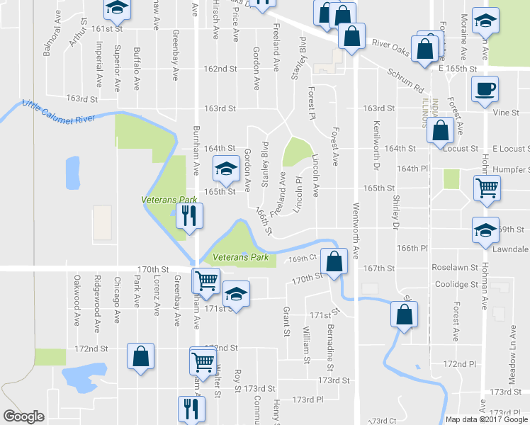 map of restaurants, bars, coffee shops, grocery stores, and more near 1546 Freeland Avenue in Calumet City