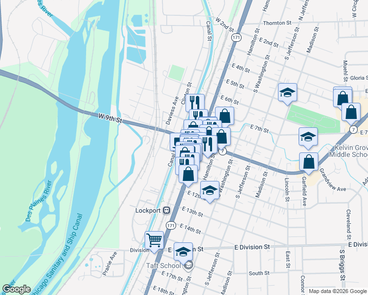 map of restaurants, bars, coffee shops, grocery stores, and more near 925 South State Street in Lockport