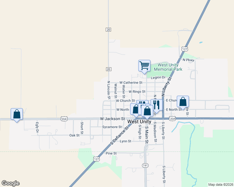 map of restaurants, bars, coffee shops, grocery stores, and more near 310 Walnut Street in West Unity