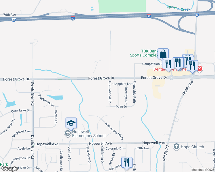 map of restaurants, bars, coffee shops, grocery stores, and more near 6654 International Drive in Bettendorf