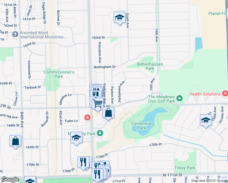 map of restaurants, bars, coffee shops, grocery stores, and more near 16625 Paxton Avenue in Tinley Park