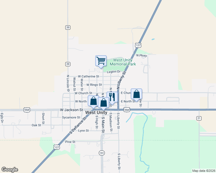 map of restaurants, bars, coffee shops, grocery stores, and more near 104 East Rings Street in West Unity
