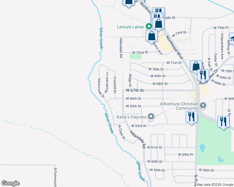 map of restaurants, bars, coffee shops, grocery stores, and more near 6615 Cresthill Drive in Davenport