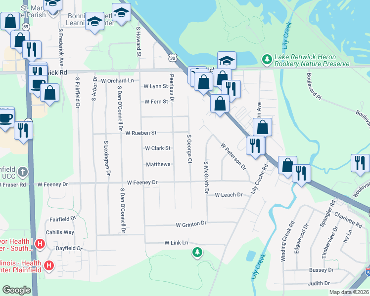 map of restaurants, bars, coffee shops, grocery stores, and more near 16154 South George Court in Plainfield